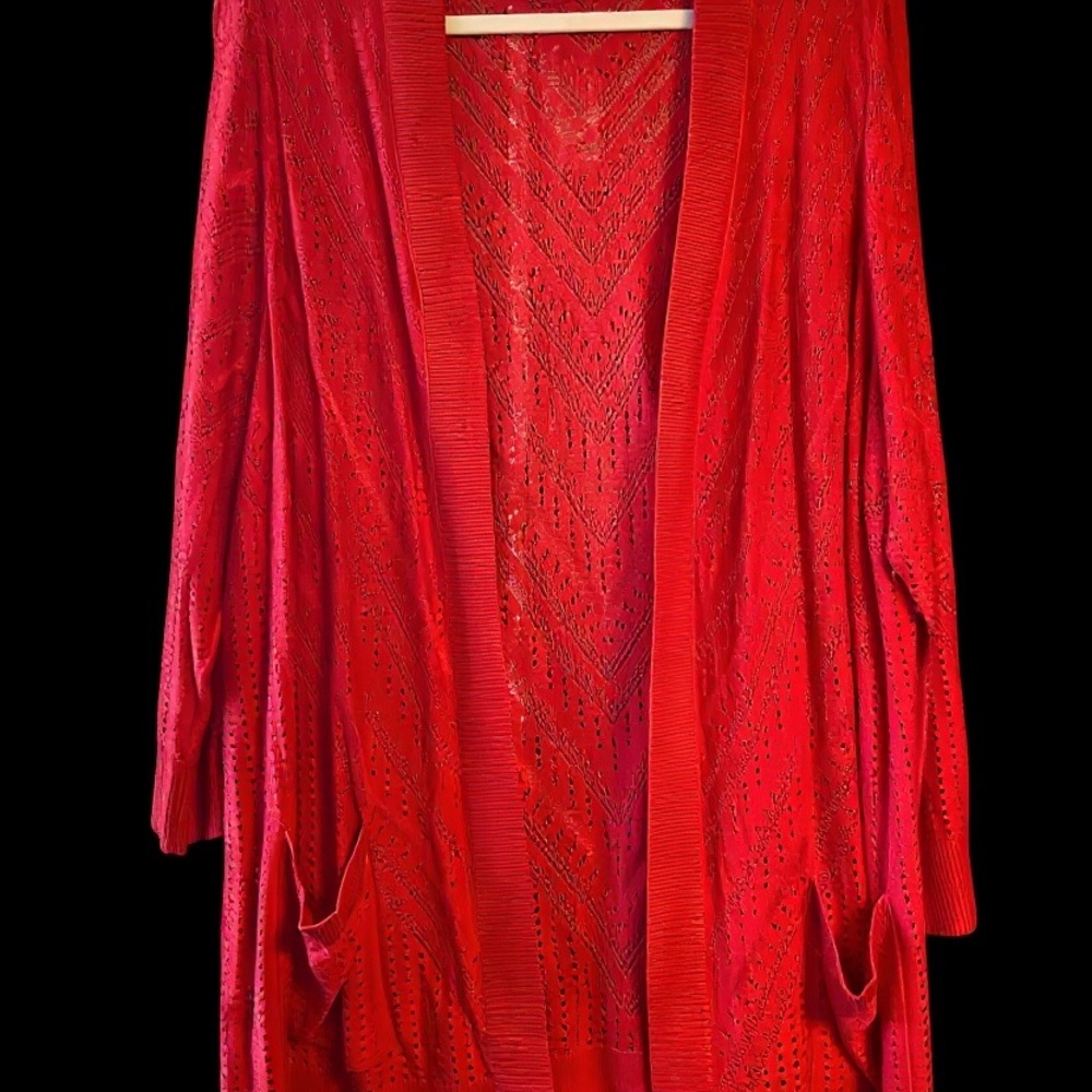 Torrid Red Duster Cardigan Open Knit Pointelle Sweater 2 (2X 18/20) EUC